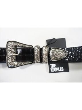 THE KOOPLES Black Croc-Embossed Belt with Engraved Silver Buckle